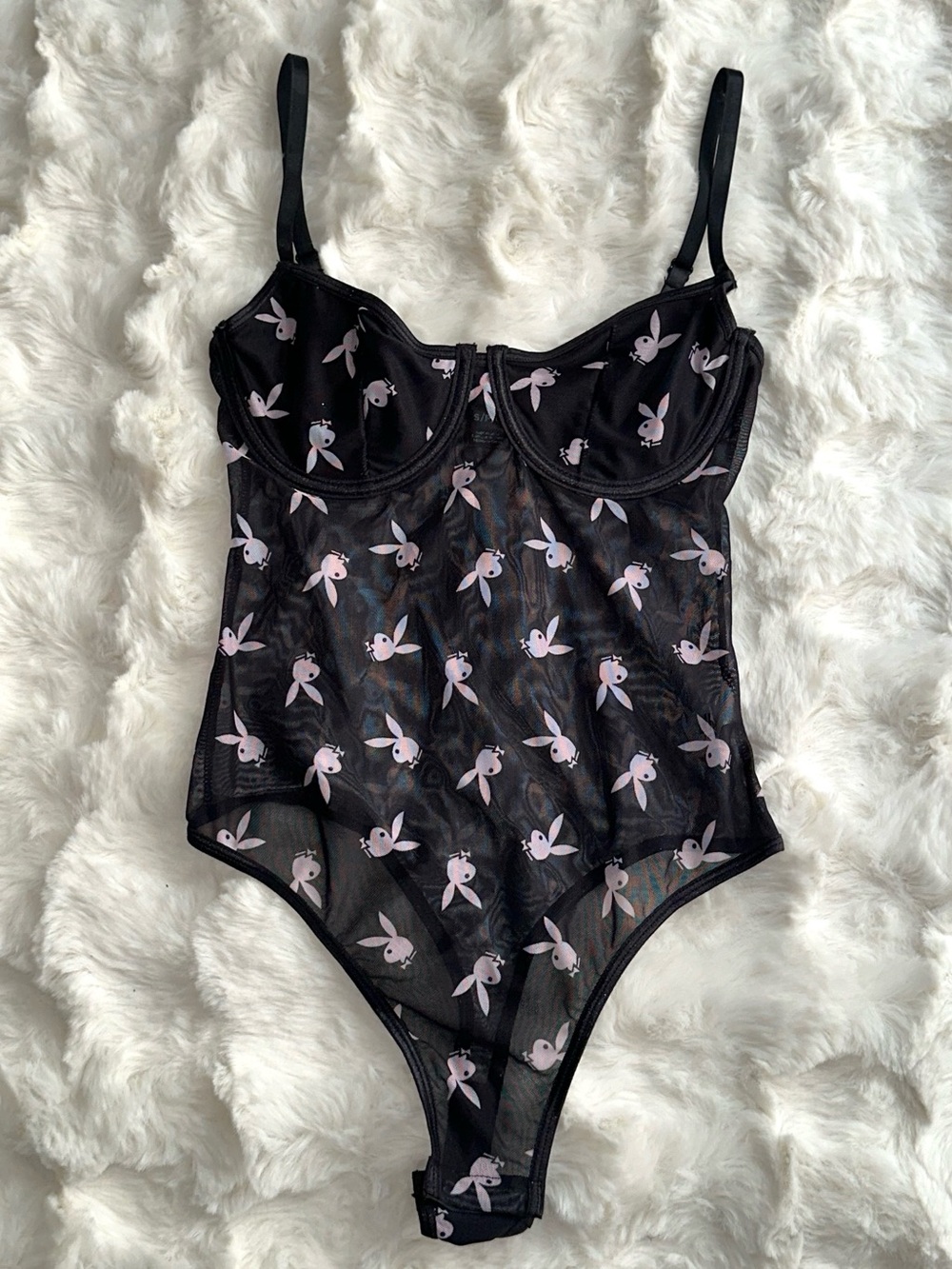 Playboy Lingerie Mesh Bodysuit with Pink Bunny Print- Women’s